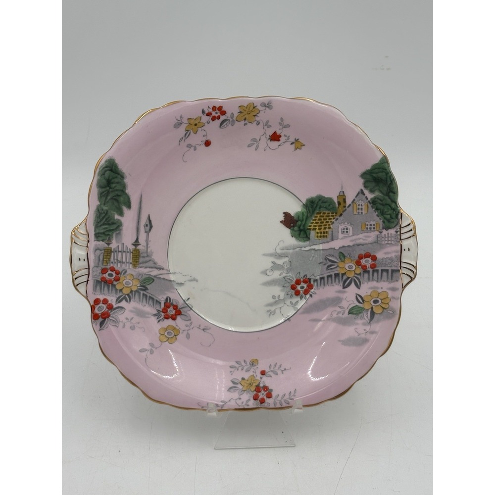 Victoria‎ C&E England Bone China Pink Cottage Scene Handled Plate 9.5" RARE